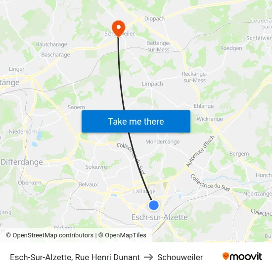 Esch-Sur-Alzette, Rue Henri Dunant to Schouweiler map