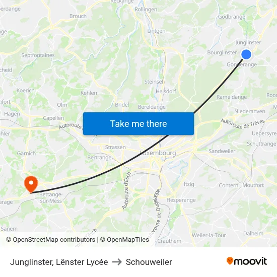 Junglinster, Lënster Lycée to Schouweiler map