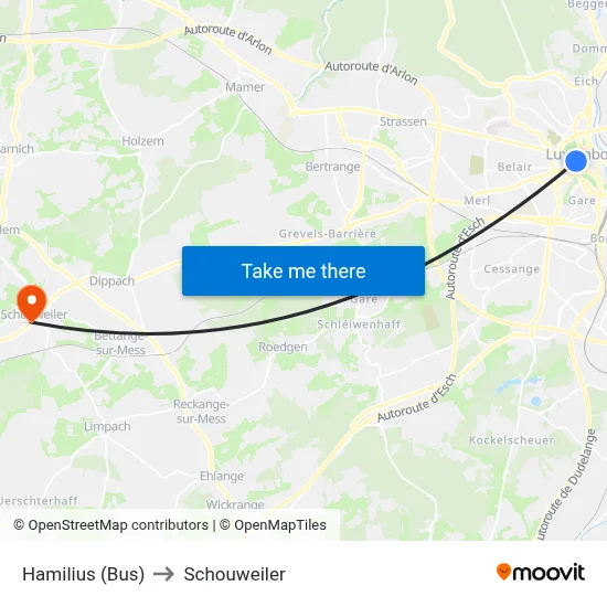 Hamilius (Bus) to Schouweiler map