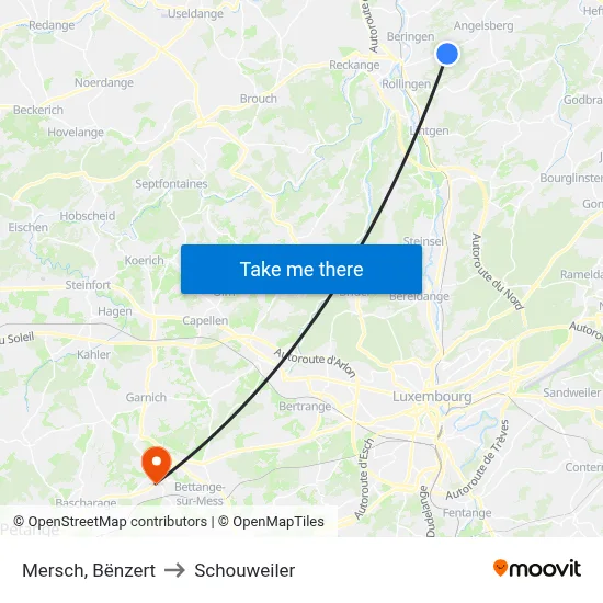 Mersch, Bënzert to Schouweiler map