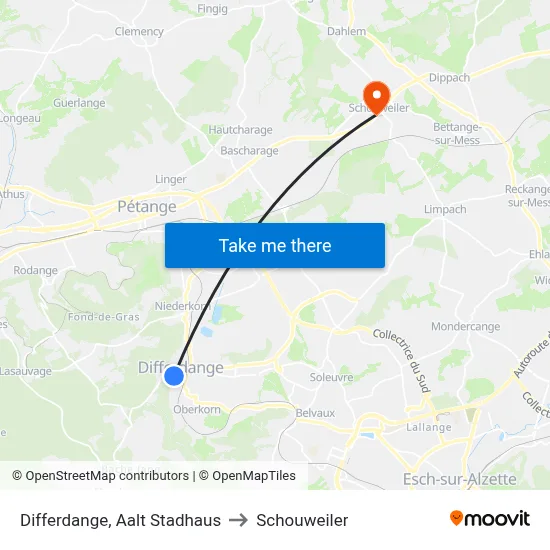 Differdange, Aalt Stadhaus to Schouweiler map