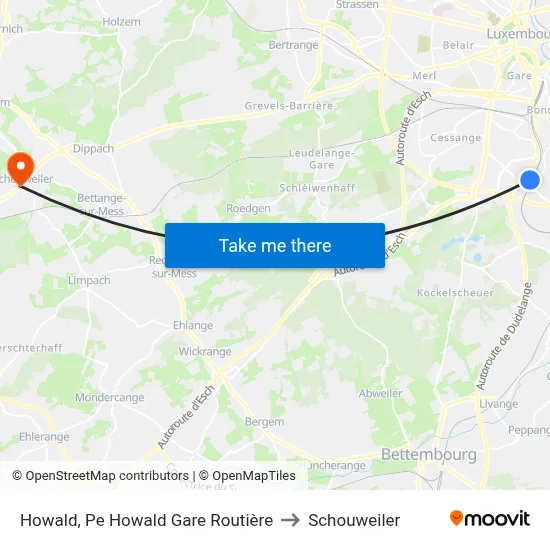Howald, Pe Howald Gare Routière to Schouweiler map