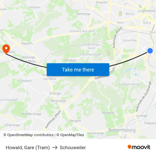 Howald, Gare (Tram) to Schouweiler map