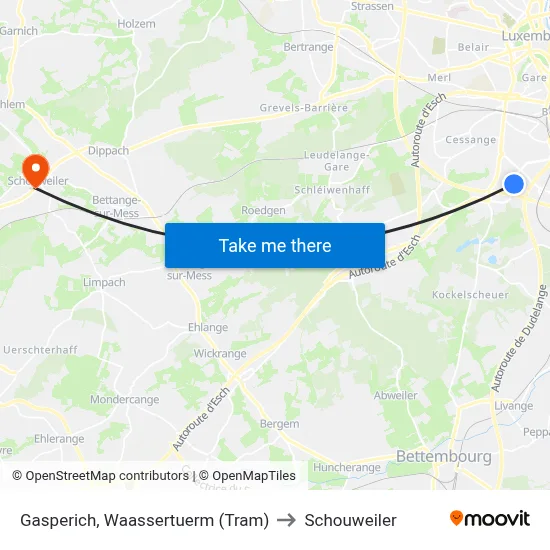 Gasperich, Waassertuerm (Tram) to Schouweiler map