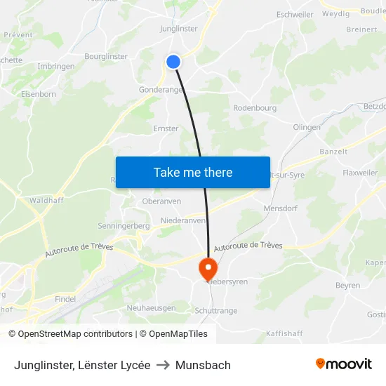Junglinster, Lënster Lycée to Munsbach map
