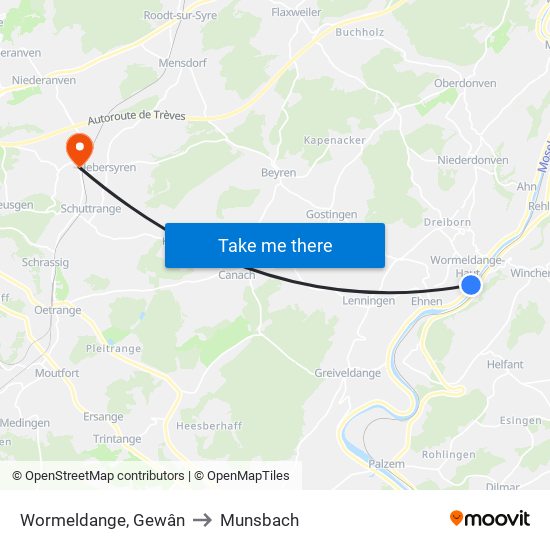 Wormeldange, Gewân to Munsbach map