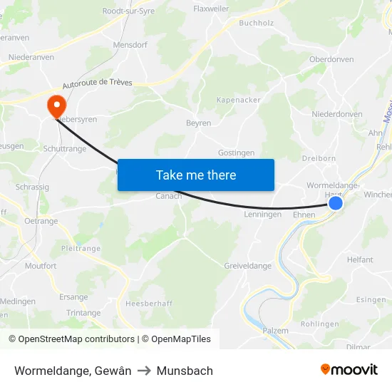 Wormeldange, Gewân to Munsbach map