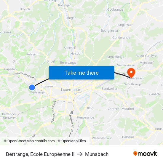 Bertrange, Ecole Européenne II to Munsbach map