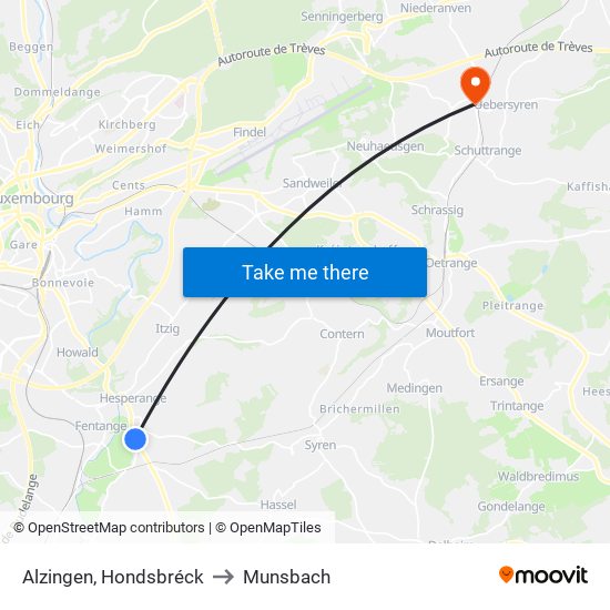 Alzingen, Hondsbréck to Munsbach map