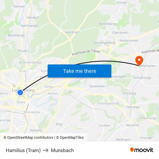 Hamilius (Tram) to Munsbach map