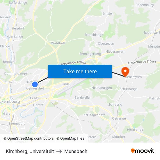 Kirchberg, Universitéit to Munsbach map