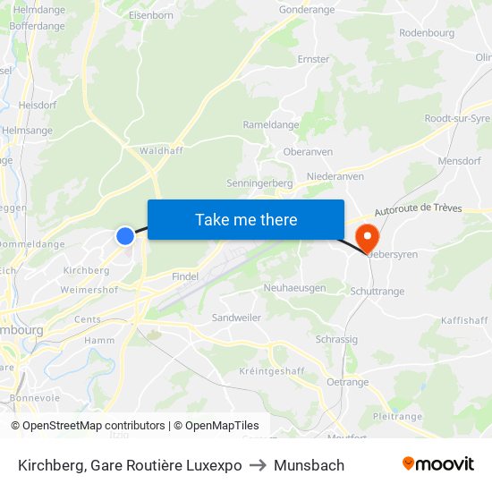 Kirchberg, Gare Routière Luxexpo to Munsbach map