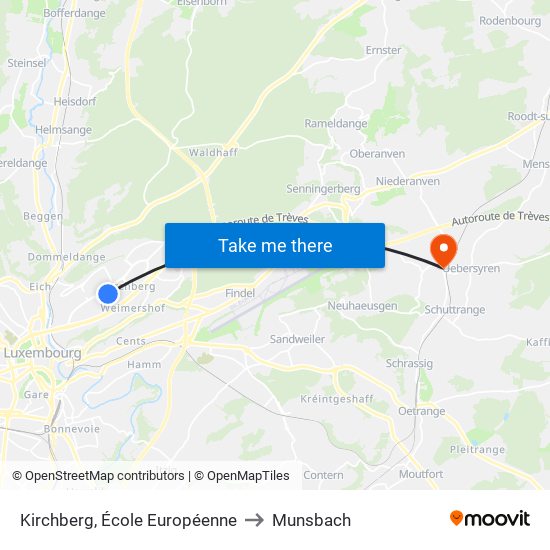 Kirchberg, École Européenne to Munsbach map