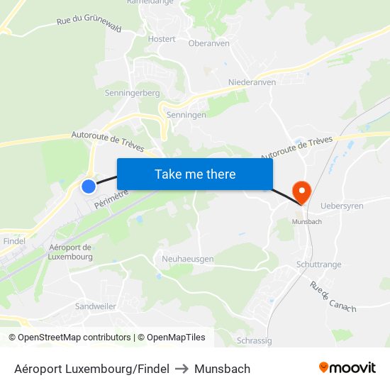 Aéroport Luxembourg/Findel to Munsbach map