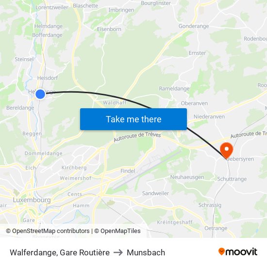 Walferdange, Gare Routière to Munsbach map