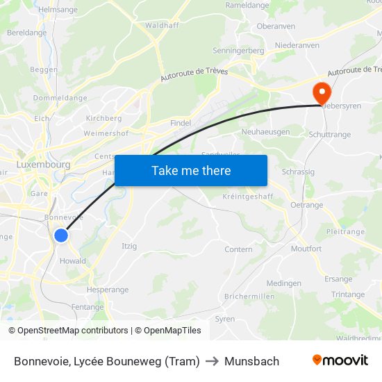 Bonnevoie, Lycée Bouneweg (Tram) to Munsbach map