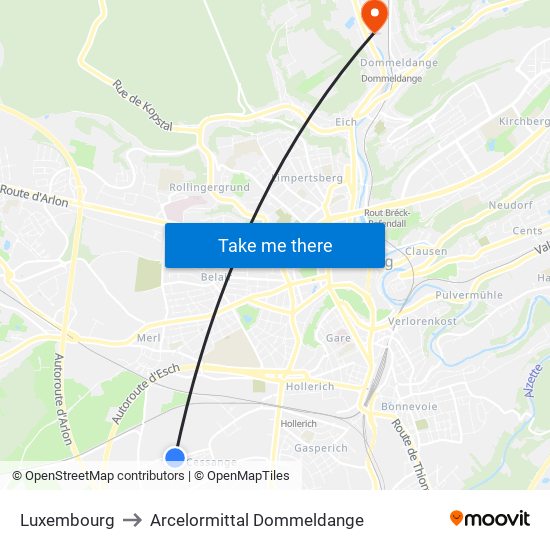 Luxembourg to Arcelormittal Dommeldange map