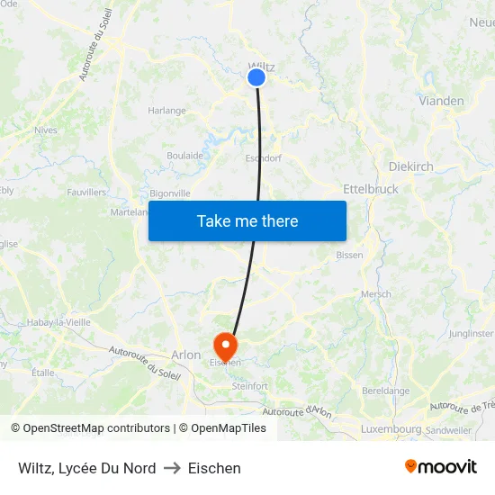 Wiltz, Lycée Du Nord to Eischen map