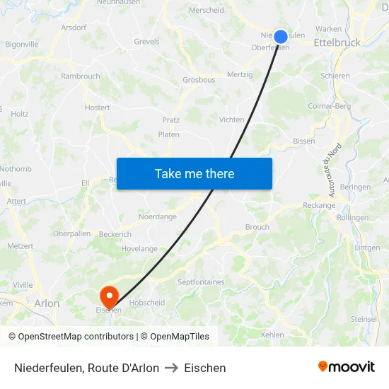 Niederfeulen, Route D'Arlon to Eischen map