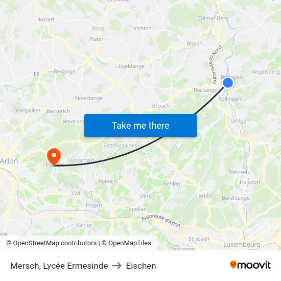 Mersch, Lycée Ermesinde to Eischen map