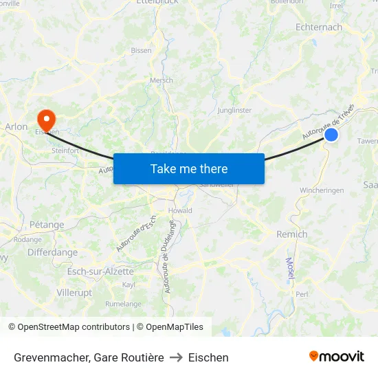 Grevenmacher, Gare Routière to Eischen map