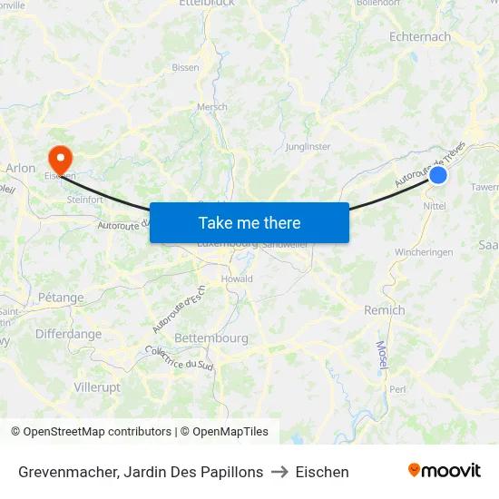 Grevenmacher, Jardin Des Papillons to Eischen map