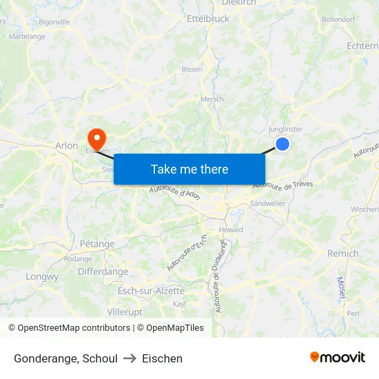 Gonderange, Schoul to Eischen map