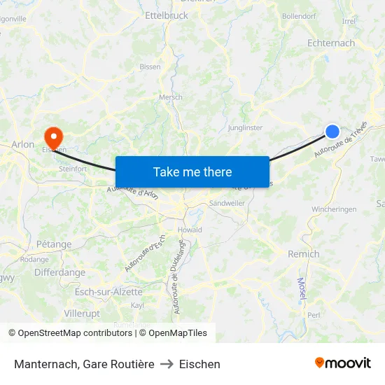 Manternach, Gare Routière to Eischen map
