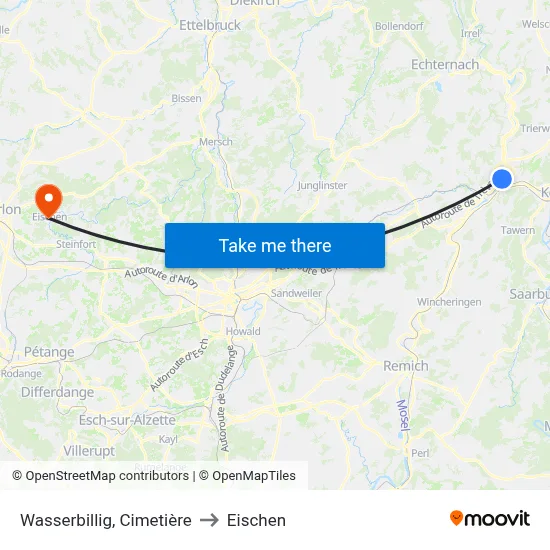Wasserbillig, Cimetière to Eischen map