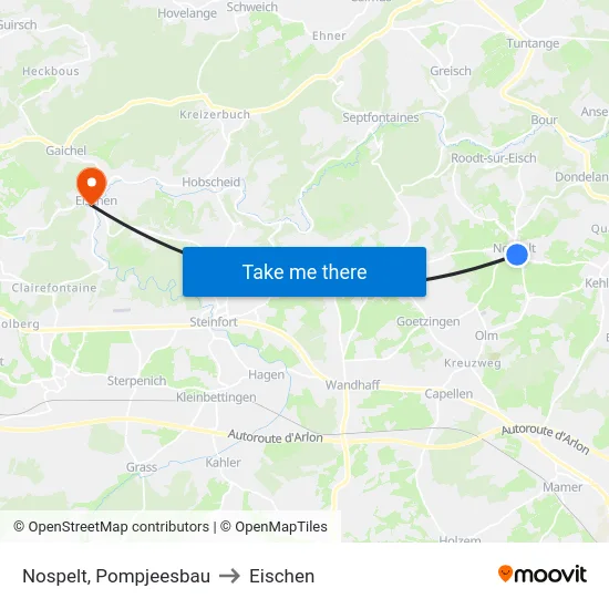 Nospelt, Pompjeesbau to Eischen map