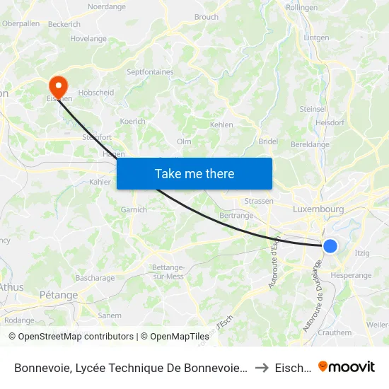 Bonnevoie, Lycée Technique De Bonnevoie/Quais to Eischen map