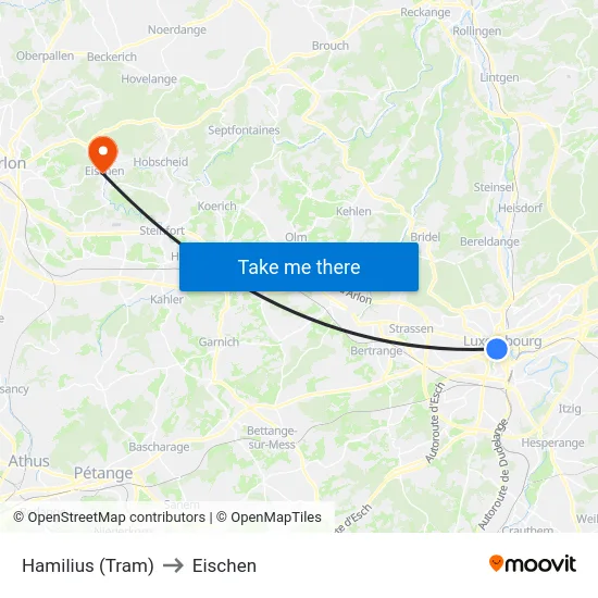 Hamilius (Tram) to Eischen map