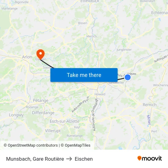 Munsbach, Gare Routière to Eischen map