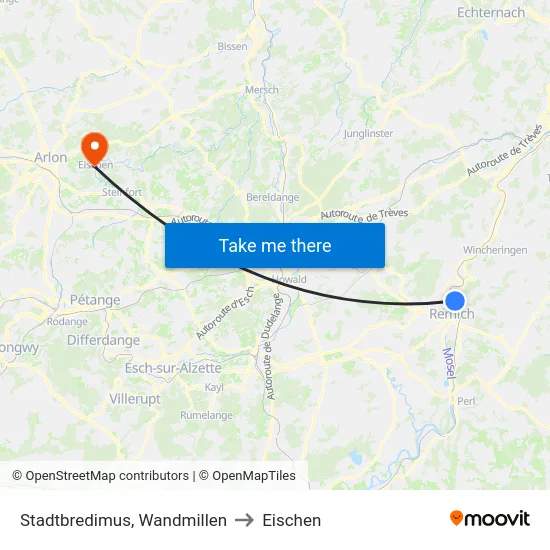 Stadtbredimus, Wandmillen to Eischen map
