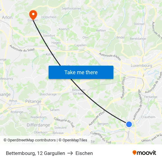 Bettembourg, 12 Gargullen to Eischen map