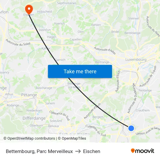 Bettembourg, Parc Merveilleux to Eischen map