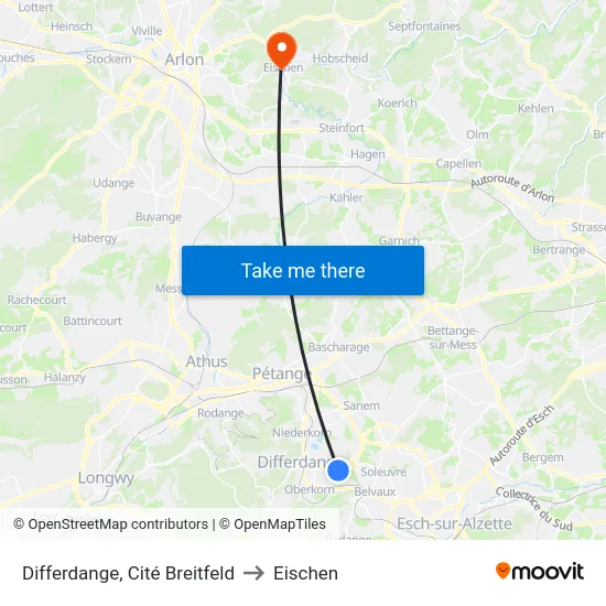 Differdange, Cité Breitfeld to Eischen map