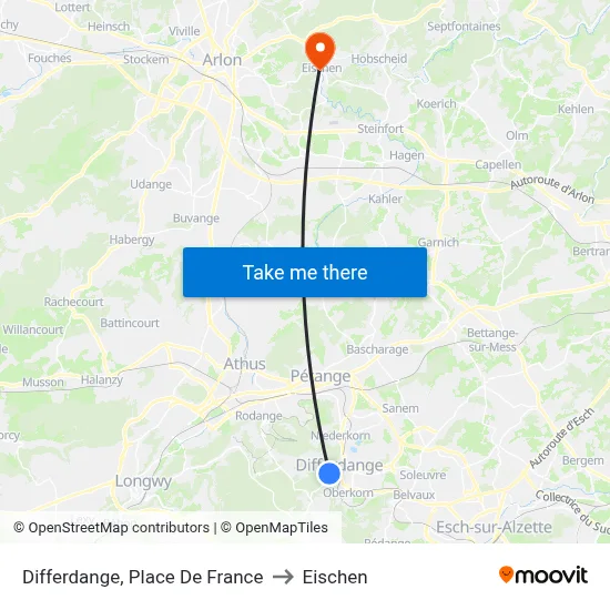 Differdange, Place De France to Eischen map
