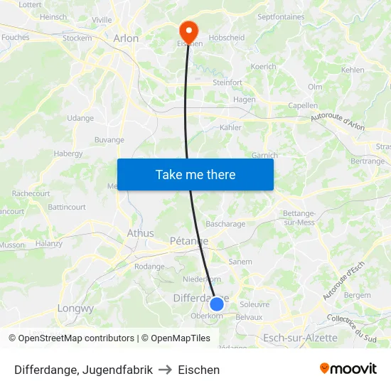 Differdange, Jugendfabrik to Eischen map
