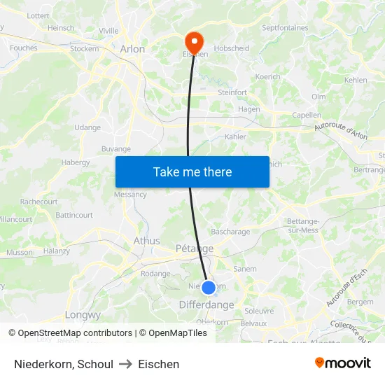 Niederkorn, Schoul to Eischen map