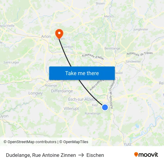 Dudelange, Rue Antoine Zinnen to Eischen map