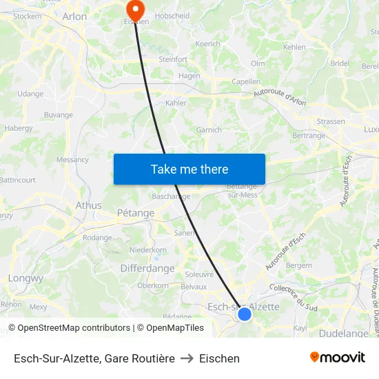 Esch-Sur-Alzette, Gare Routière to Eischen map