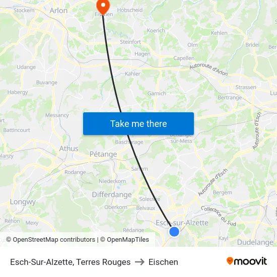 Esch-Sur-Alzette, Terres Rouges to Eischen map
