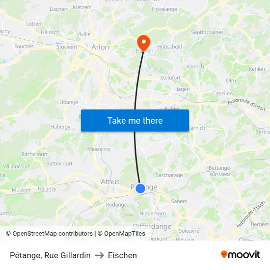 Pétange, Rue Gillardin to Eischen map