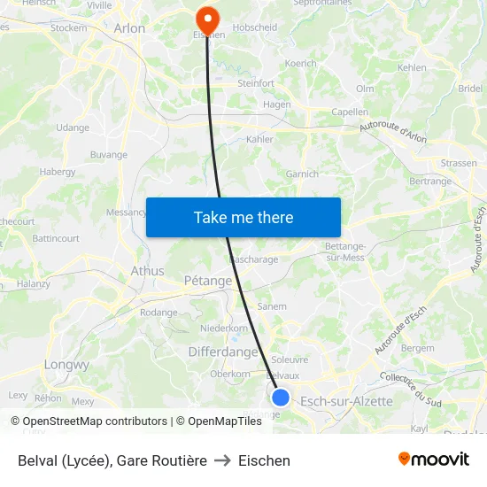 Belval (Lycée), Gare Routière to Eischen map