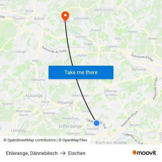 Ehlerange, Dännebësch to Eischen map