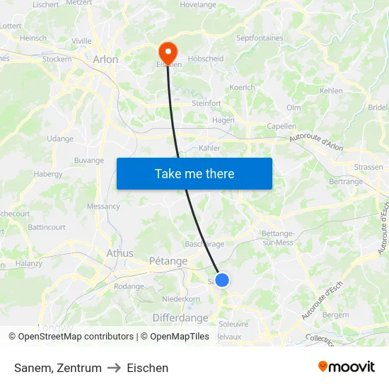 Sanem, Zentrum to Eischen map