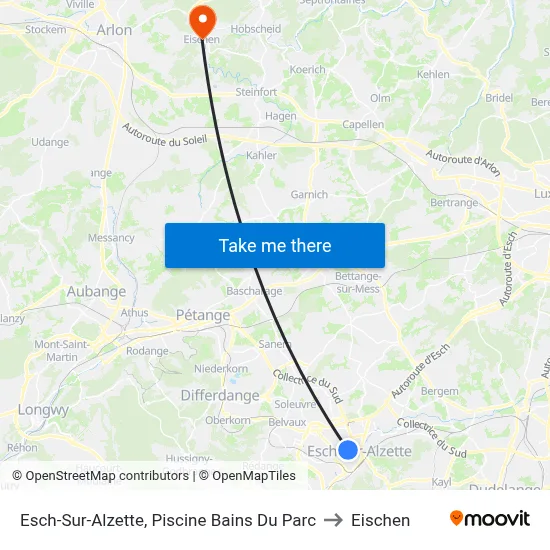Esch-Sur-Alzette, Piscine Bains Du Parc to Eischen map