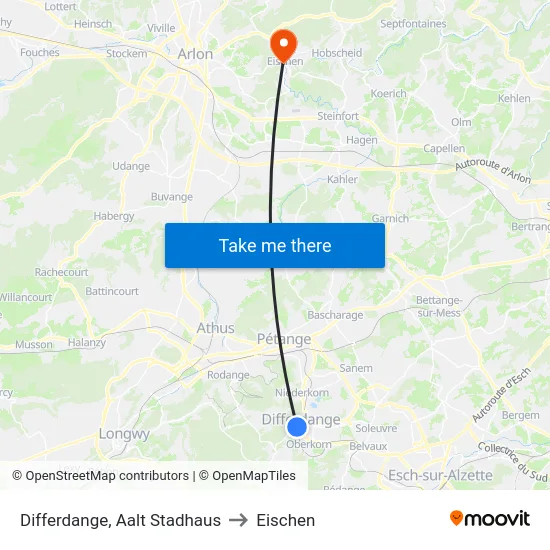 Differdange, Aalt Stadhaus to Eischen map