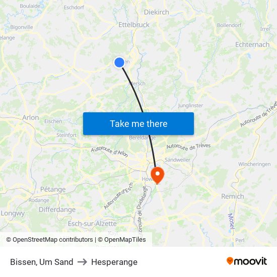 Bissen, Um Sand to Hesperange map